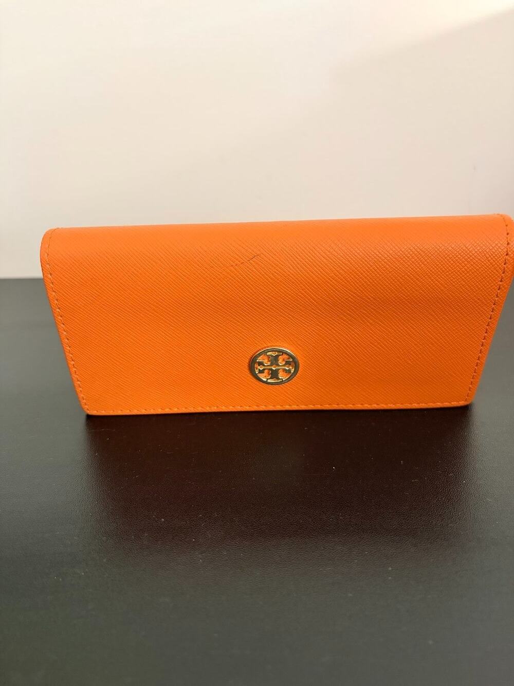 Tory Burch Orange Saffiano Leather Folding Eyeglass Sunglasses Case Gold Logo